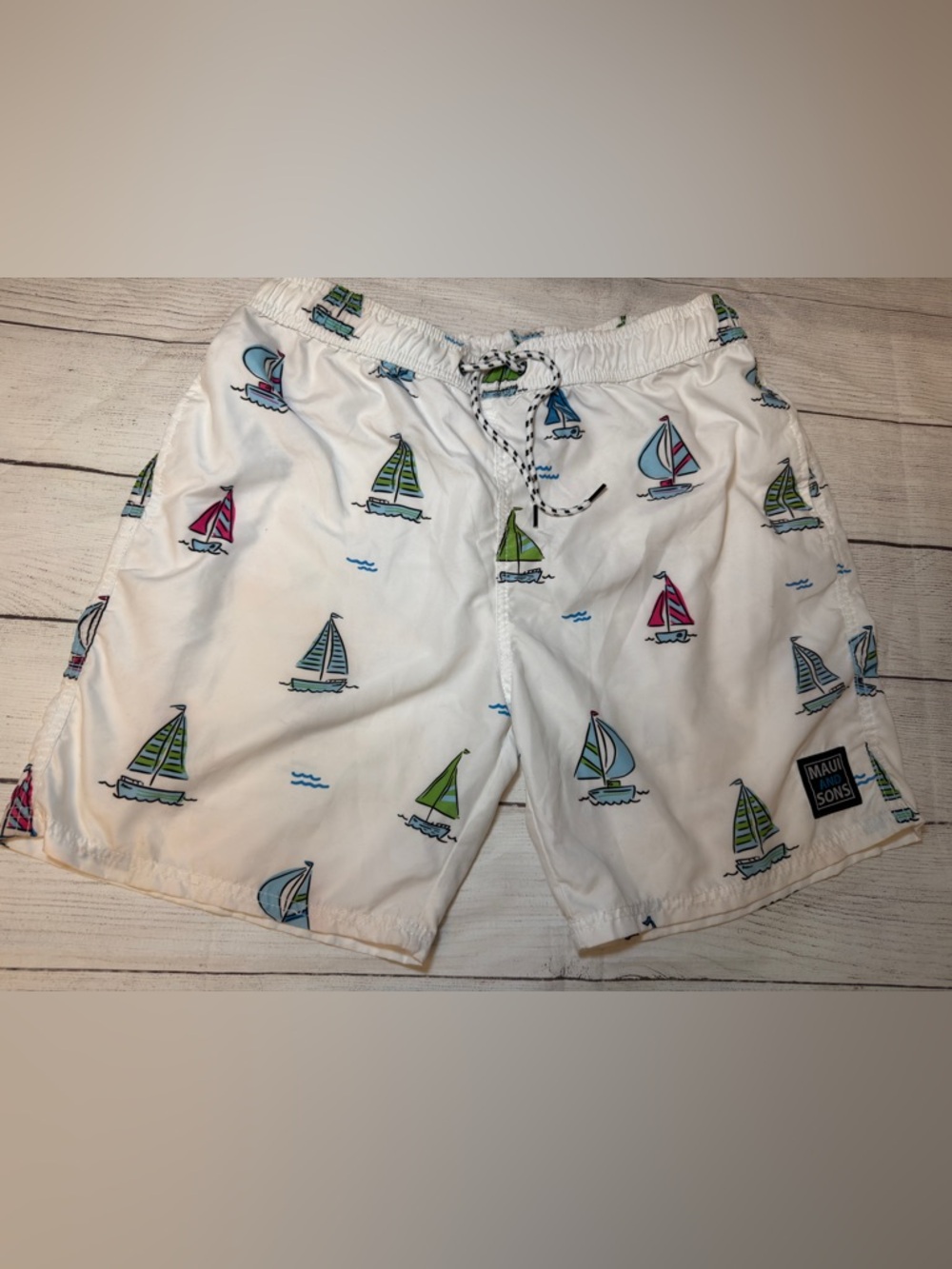 Maui and Sons White Swim Trunks with Multicolor Sailboat Print